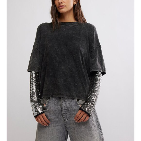 FREE PEOPLE We The Free Nellie Sequin Twofer / Black - Picture 1 of 6